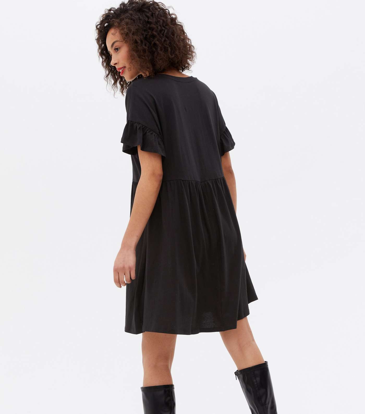 Tall Black Jersey Frill Mini Smock Dress Image 4