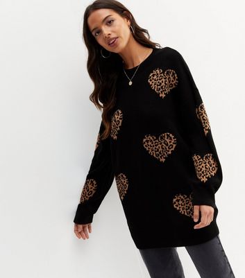 Black Leopard Heart Crew Neck Long Jumper