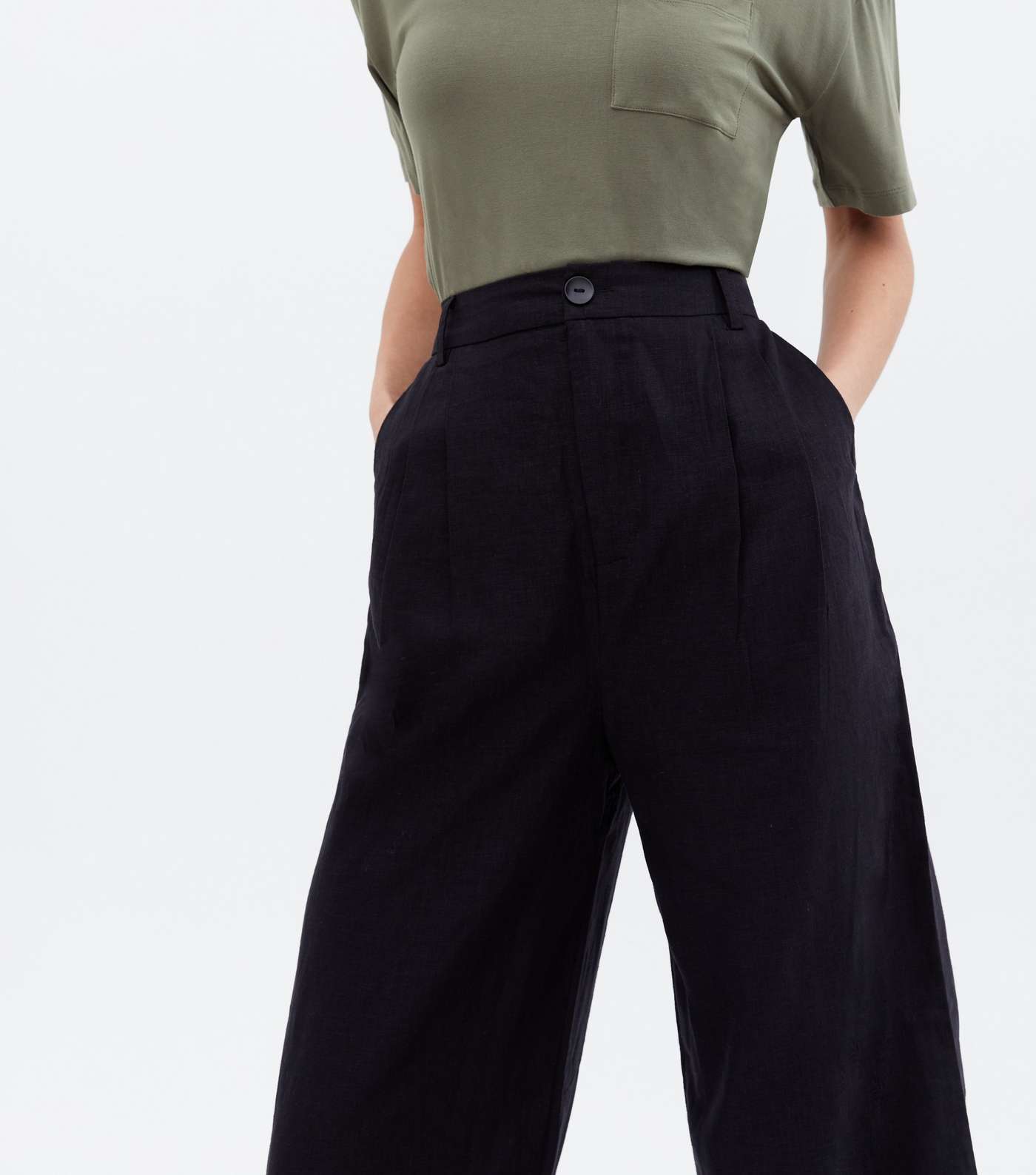 Tall Black Linen-Look Wide Leg Trousers Image 3