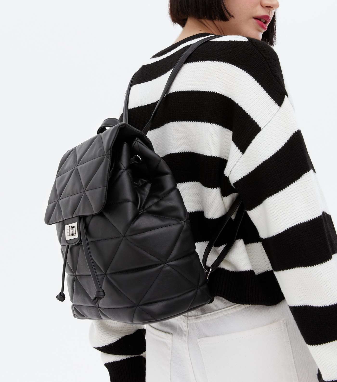 Black Quilted Drawstring Backpack Image 2