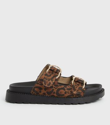 Click to view product details and reviews for Girls Brown Leopard Print Suedette Chunky Sliders New Look Vegan.