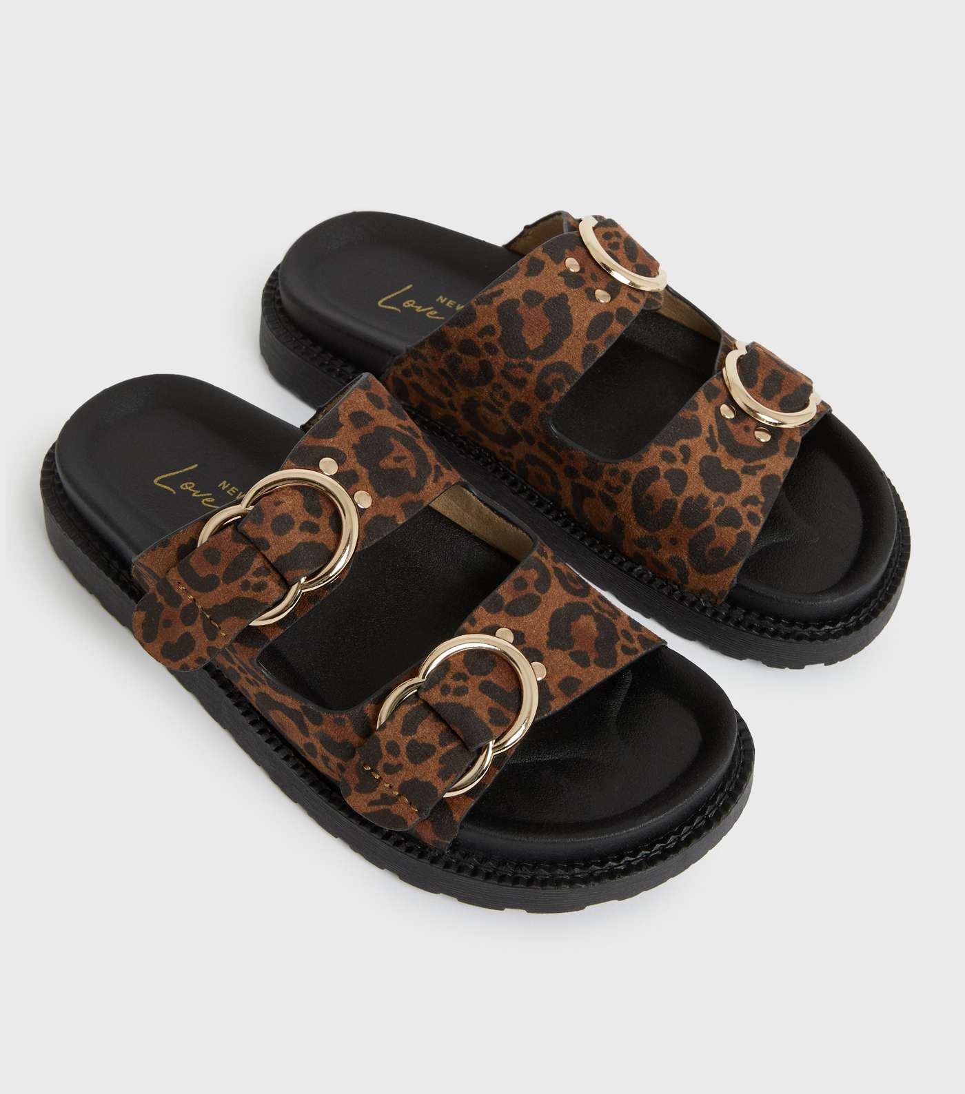 Girls Brown Leopard Print Suedette Chunky Sliders Image 3