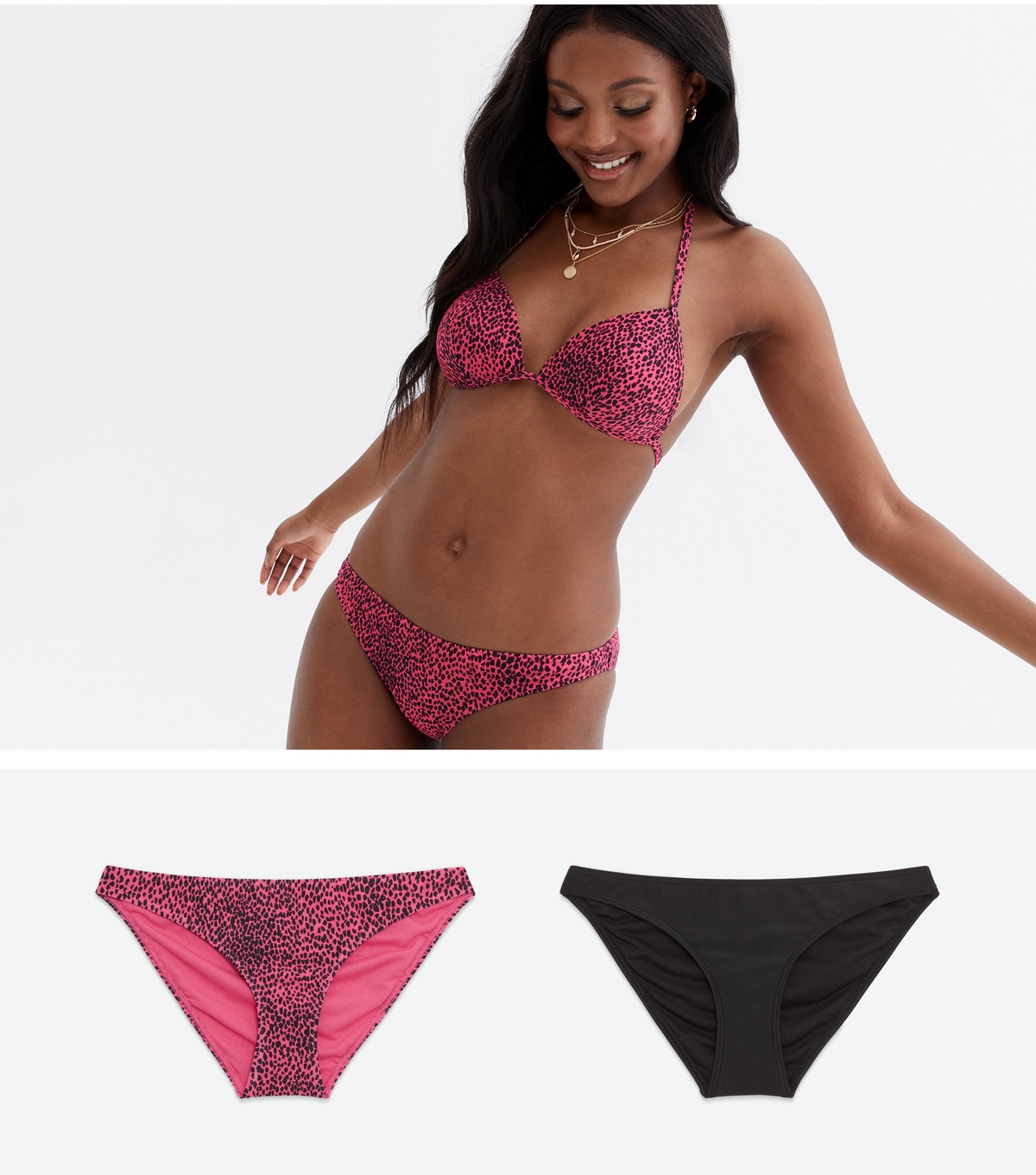 Women's 2 Pack Black and Pink Animal Print Hipster Bikini Bottoms New Look