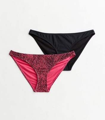 2 Pack Black and Pink Leopard Print Hipster Bikini Bottoms New Look