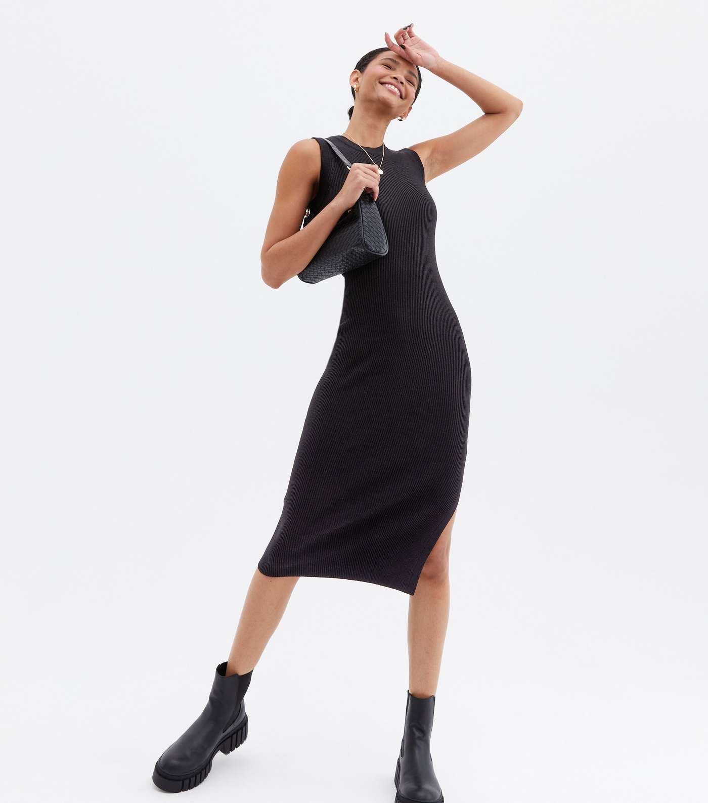 Black Ribbed Knit Sleeveless Midi Dress Image 2