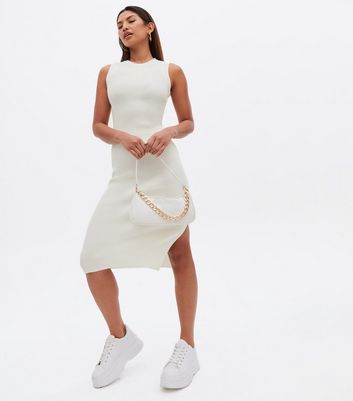 Off White Ribbed Knit Sleeveless Midi Dress New Look