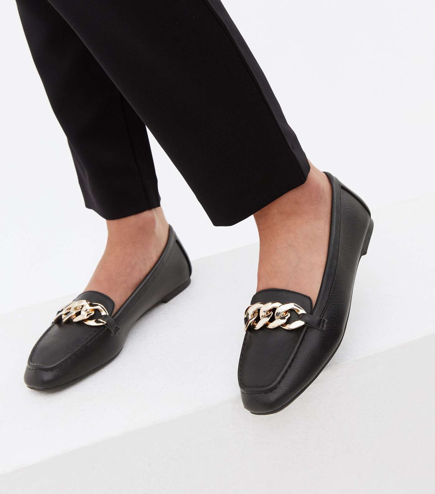 Black Leather-Look Chain Loafers Image 2