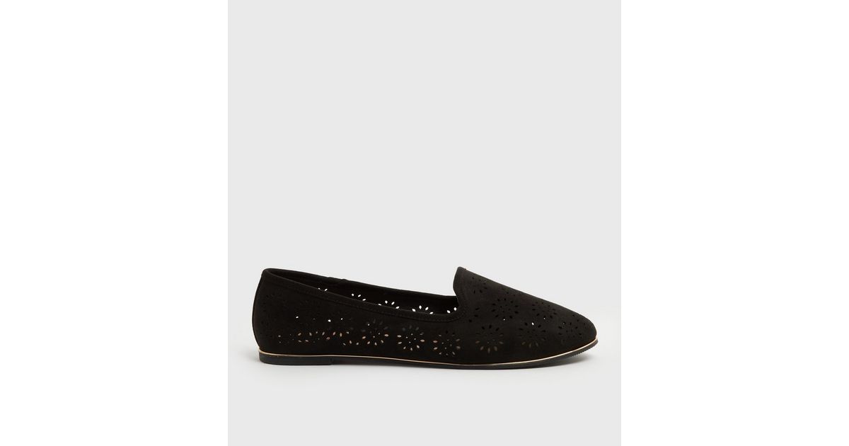 Wide Fit Black Suedette Laser Cut Ballet Pumps | New Look