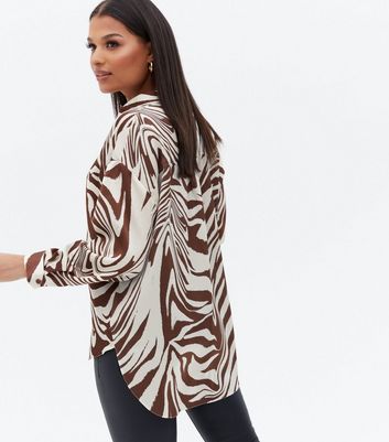 Brown Zebra Print Satin Oversized Shirt 