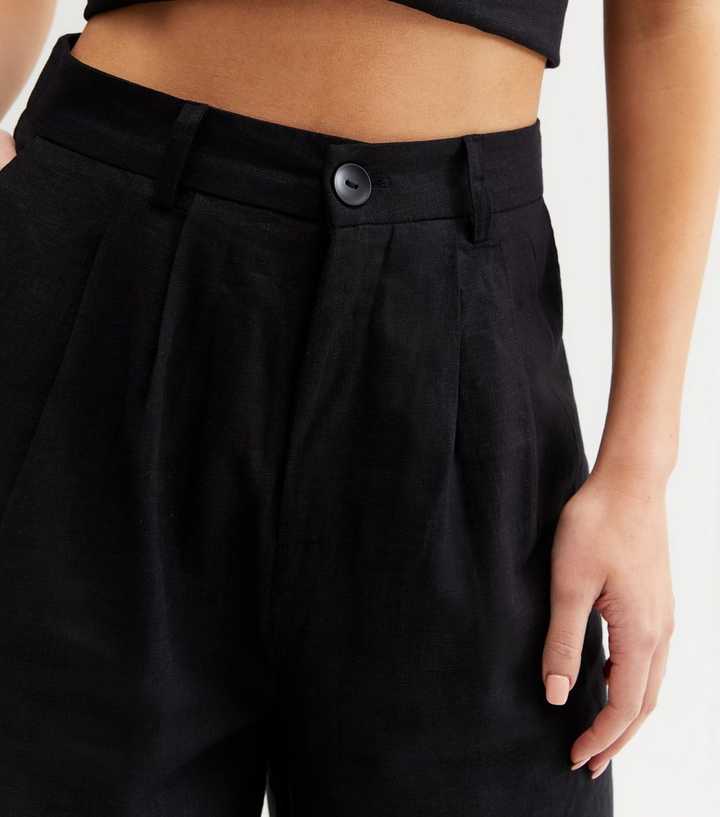 Bershka high waisted wide leg linen trousers in black