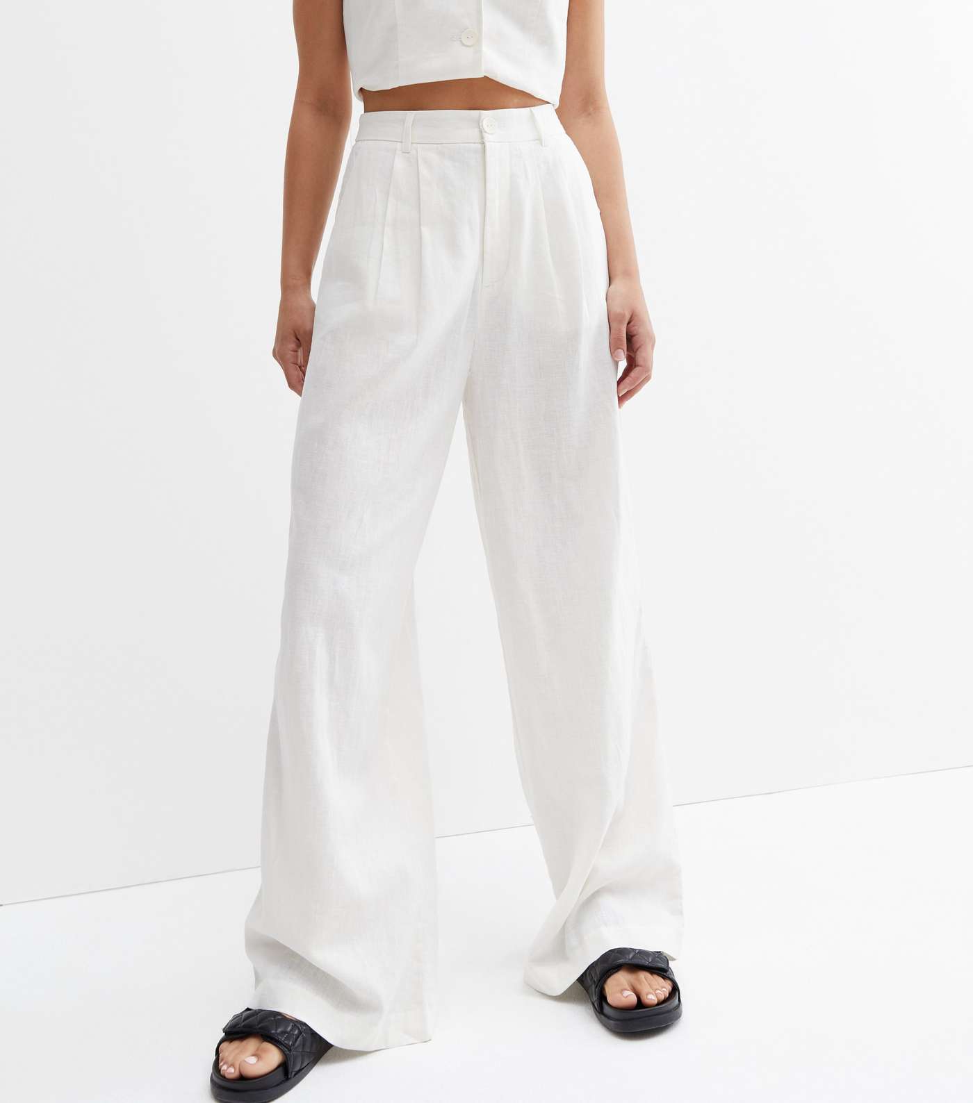 Off White Linen Look Wide Leg Trousers Image 3