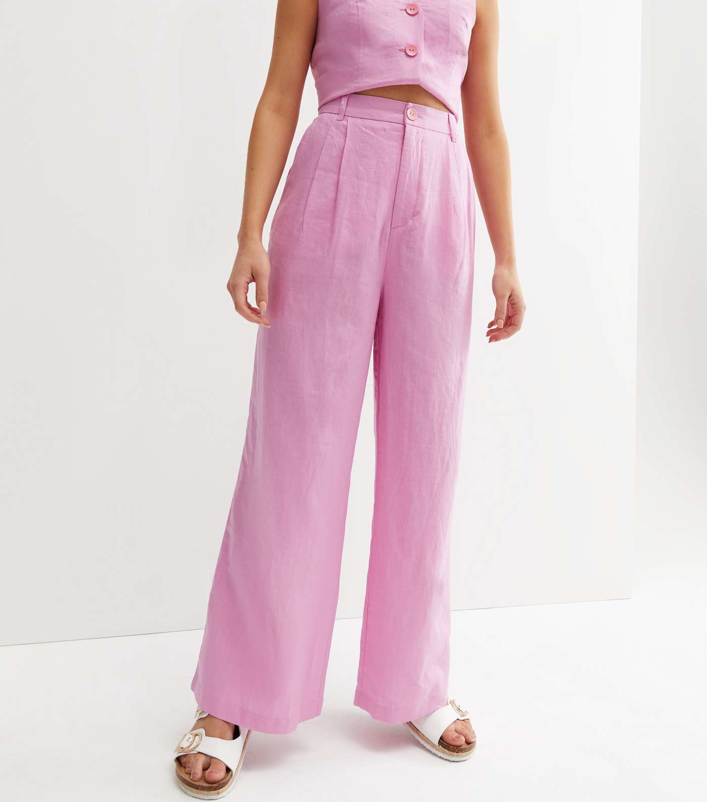 Bright Pink Linen Look Wide Leg Trousers Image 2