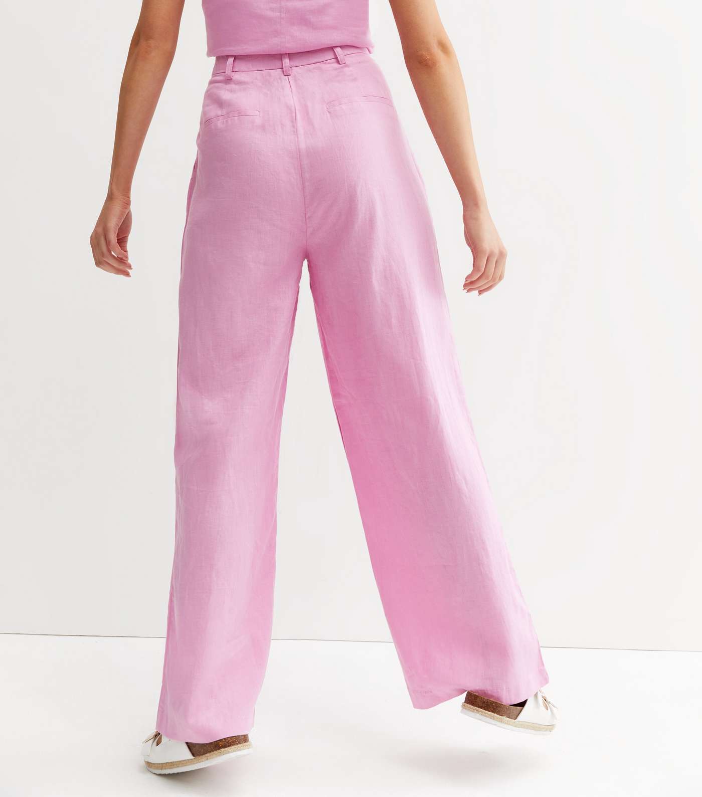 Bright Pink Linen Look Wide Leg Trousers Image 4