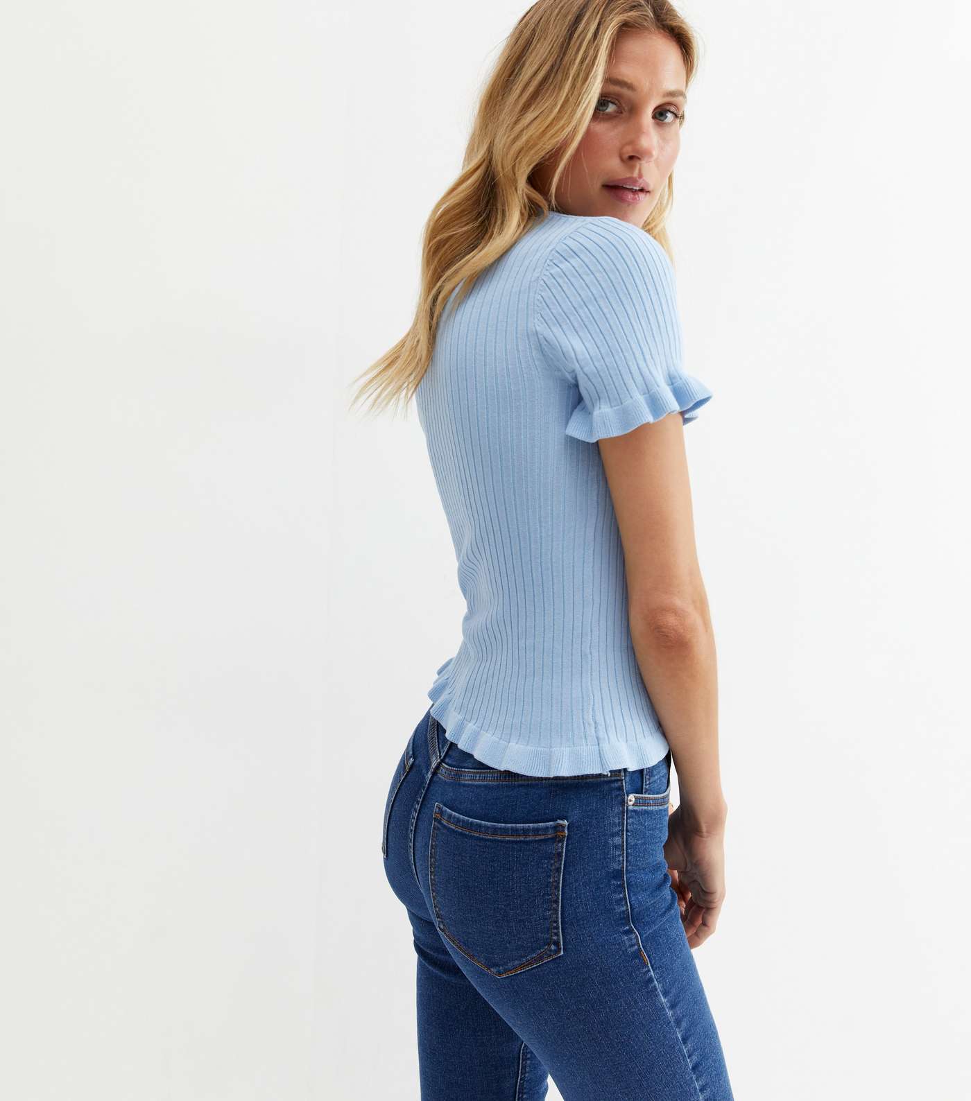 Pale Blue Ribbed Knit Frill Short Sleeve Top Image 4