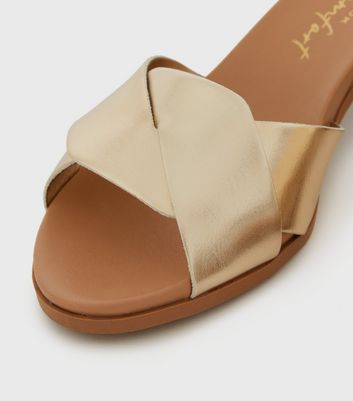 shop for Wide Fit Gold Metallic Twist Strap Block Heel Sandals New Look Vegan at Shopo
