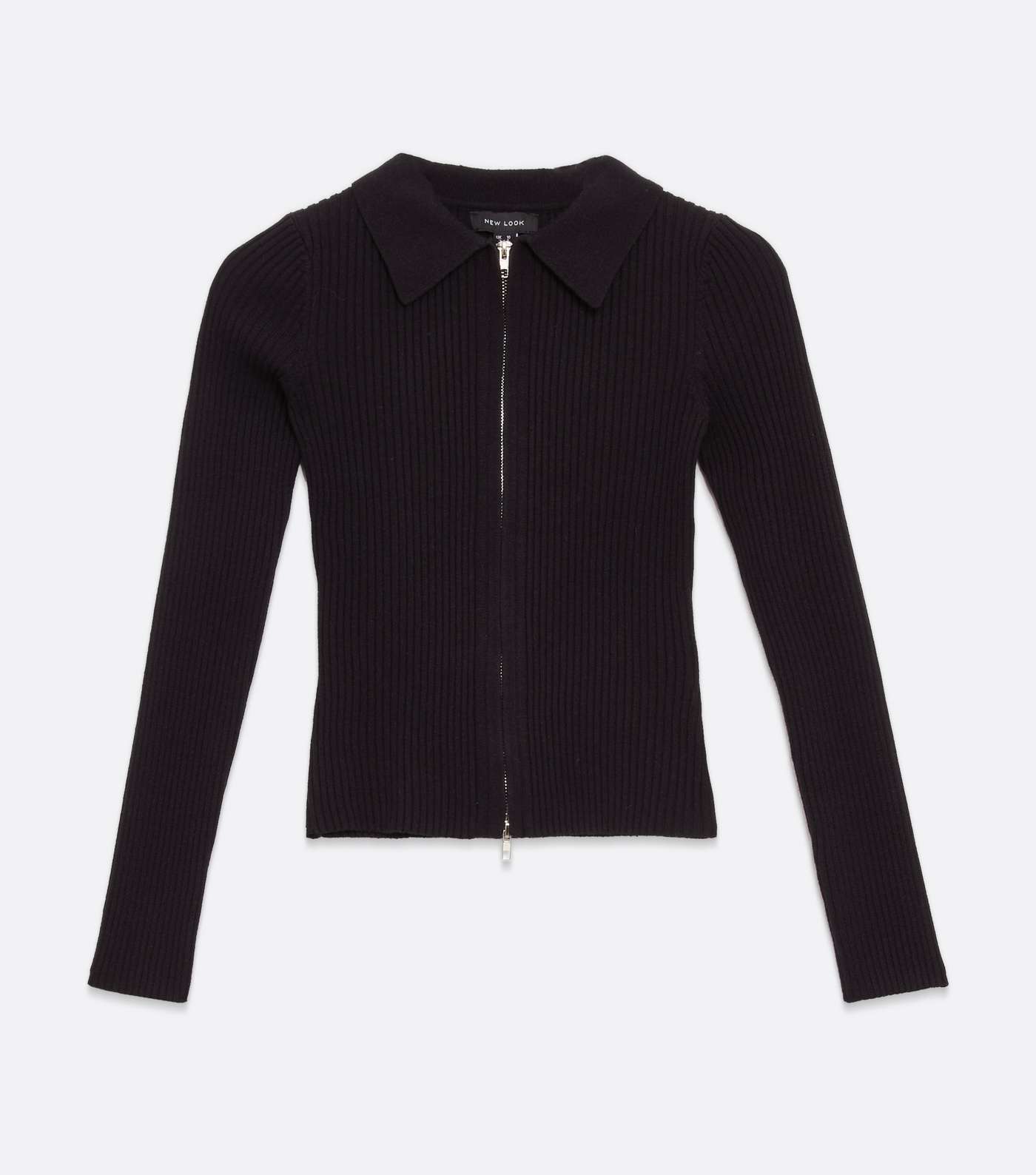Black Ribbed Collared Double Zip Front Top Image 5