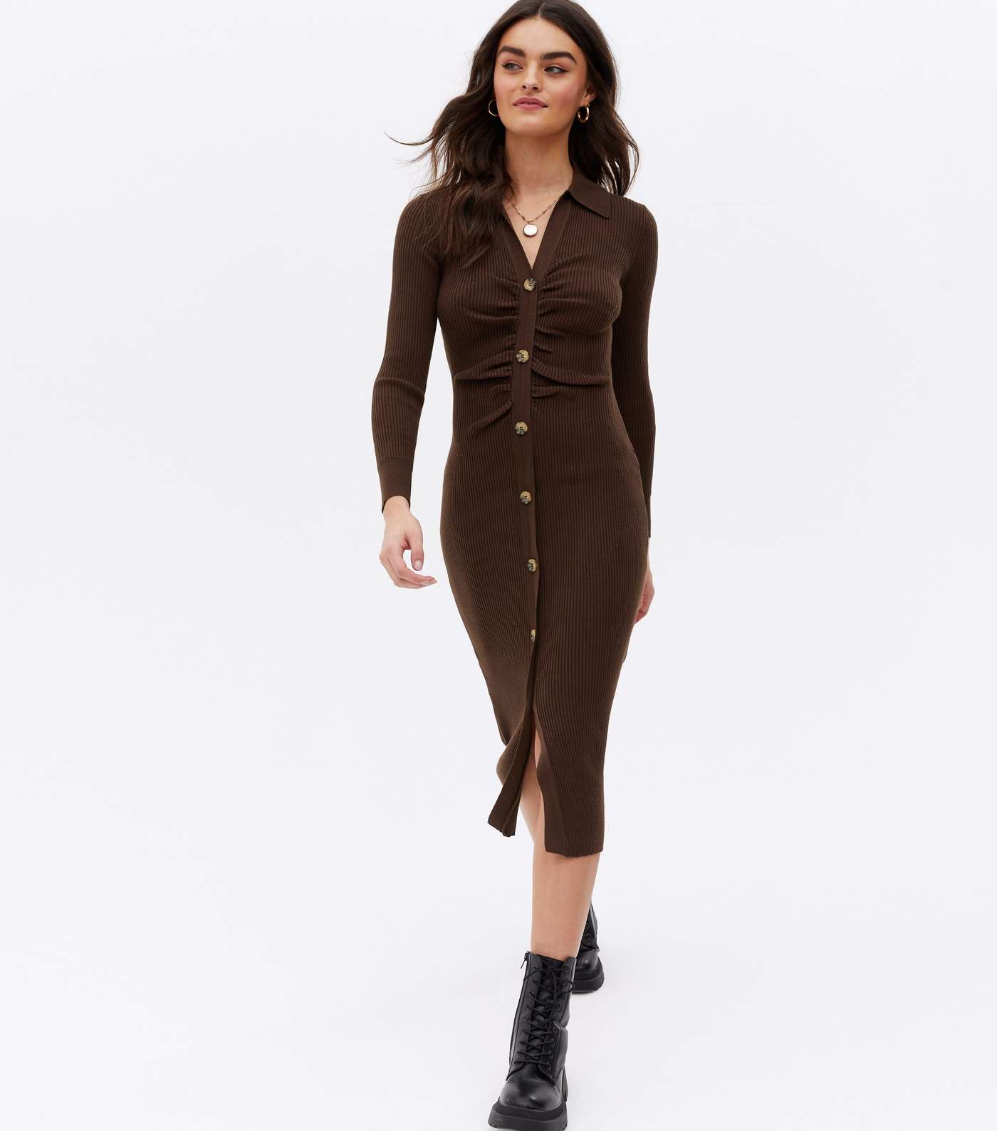 Brown Ruched Button Front Collared Midi Dress
