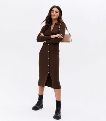 Click to view product details and reviews for Brown Ruched Button Front Collared Midi Dress New Look.