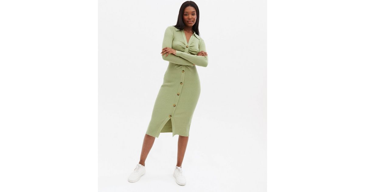 Button Front Pocket Detail Midi Dress