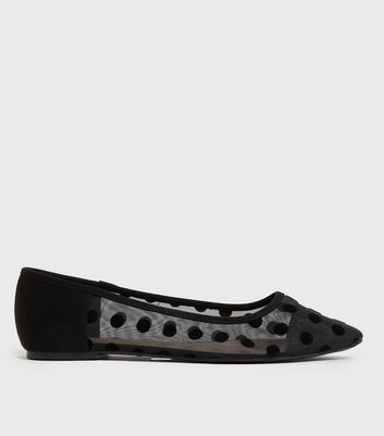 Wide Fit Black Spot Mesh Pointed Ballet Pumps New Look
