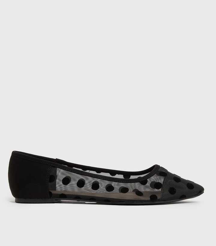 Wide Fit Black Spot Mesh Pointed Ballet Pumps