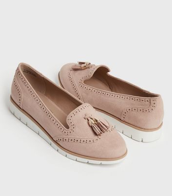 Wide Fit Pale Pink Suedette Tassel Wedge Loafers New Look