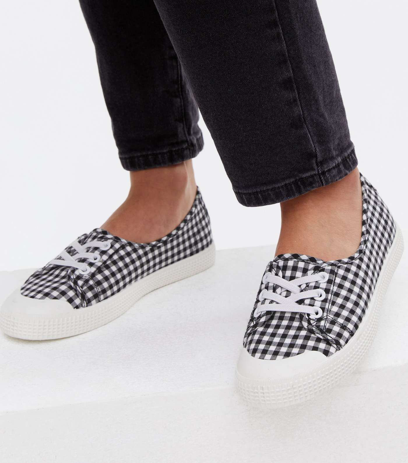 Black Gingham Slip On Lace Up Trainers Image 2