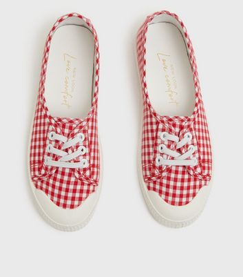 Click to view product details and reviews for Red Gingham Slip On Lace Up Trainers New Look Vegan.