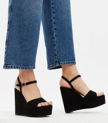 Black Suedette Platform Wedge Sandals