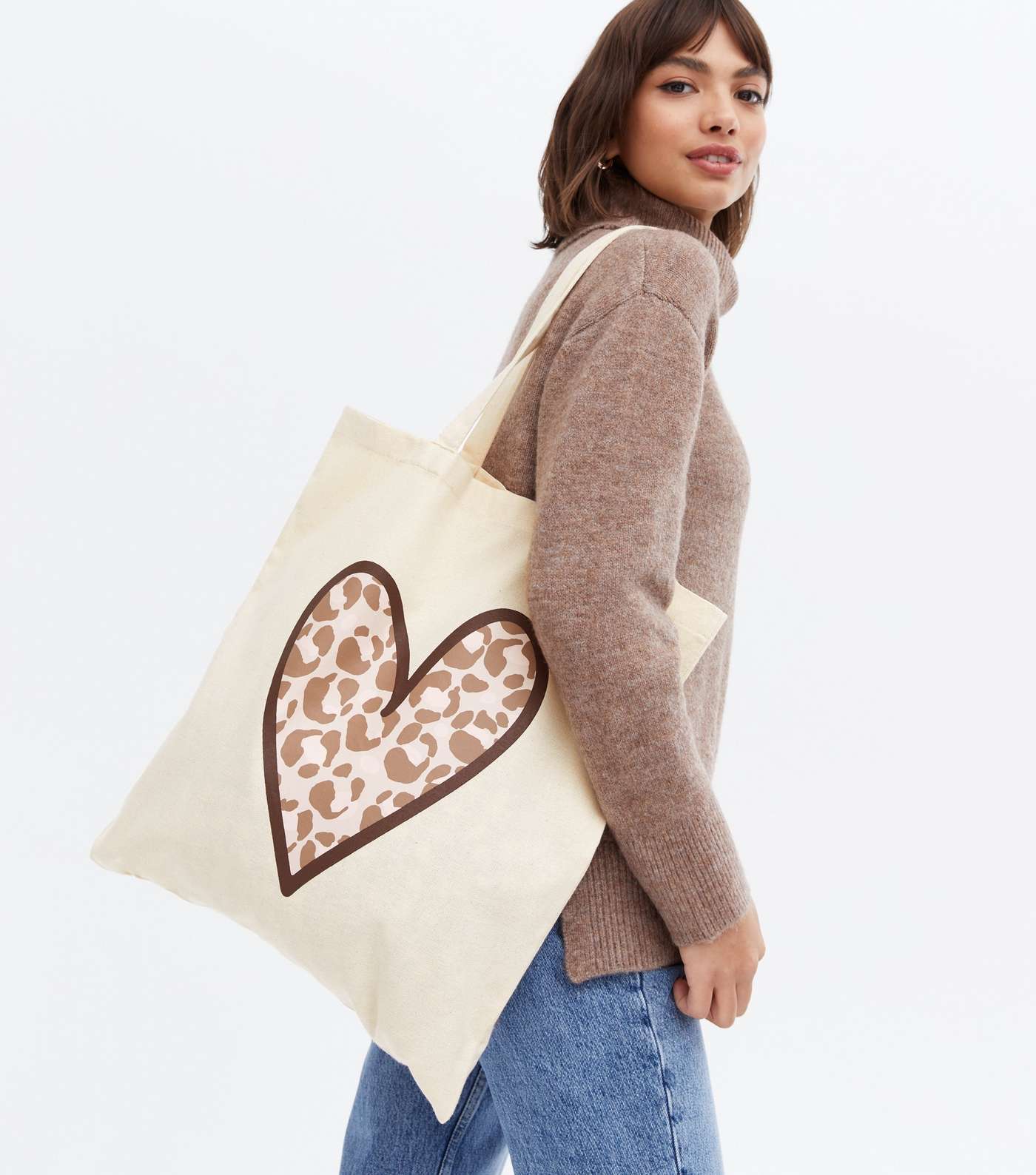 Brown Heart Leopard Print Canvas Tote Bag Image 2