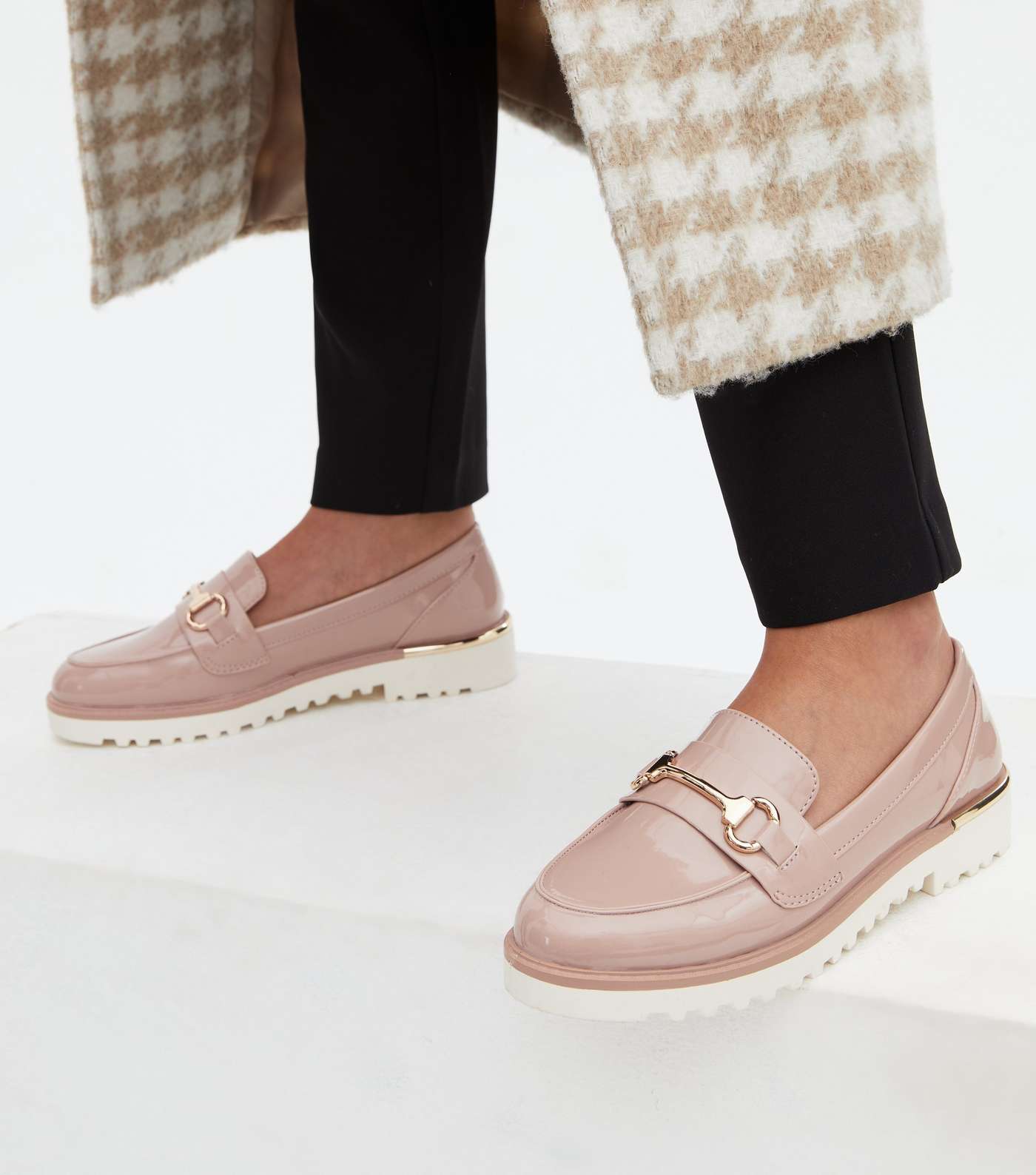 Pale Pink Patent Metal Trim Chunky Loafers Image 2