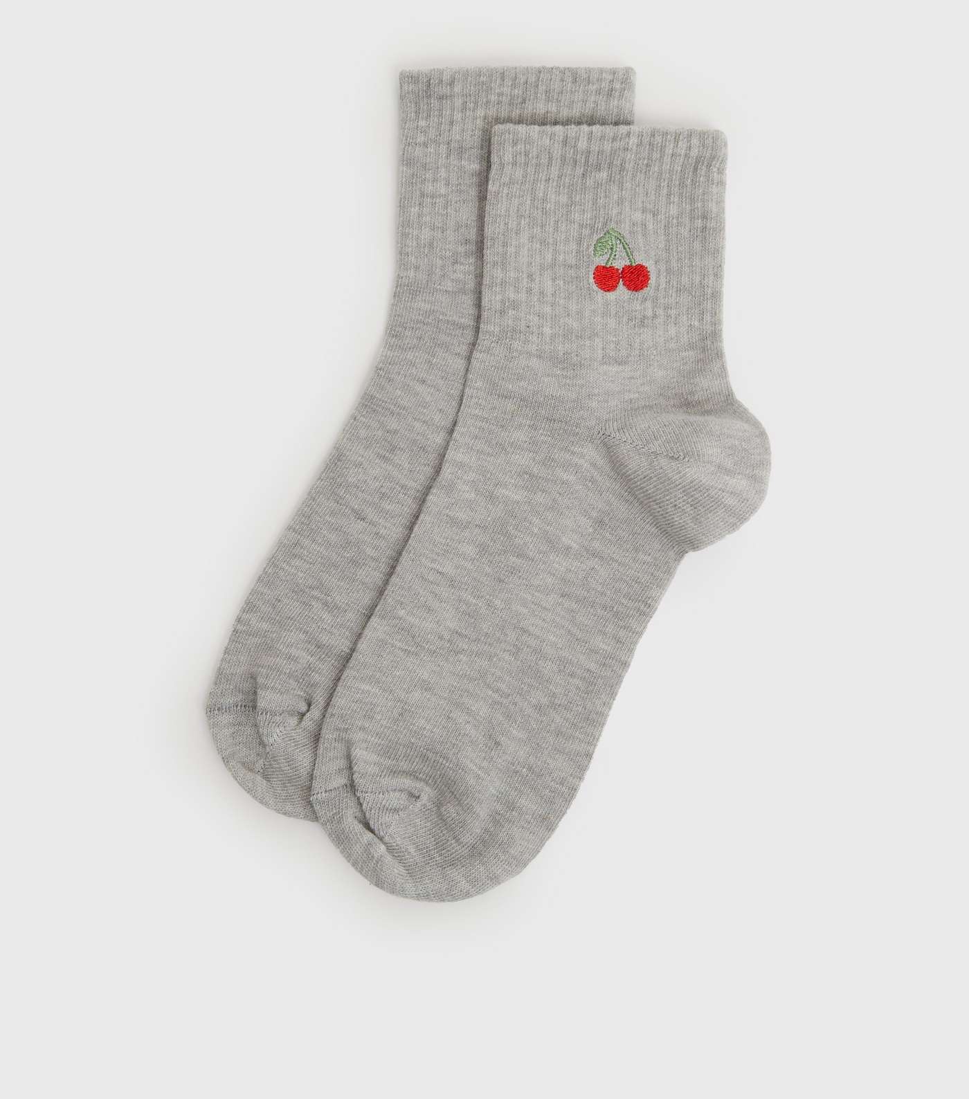 Grey Cherry Embroidered Ribbed Socks
