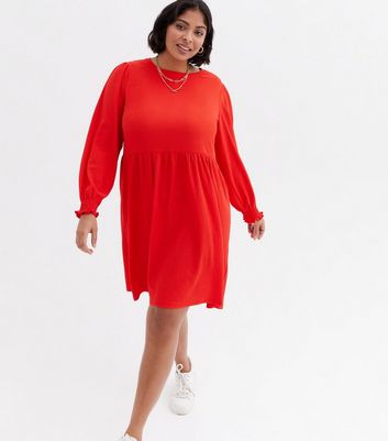 Curves Red Crinkle Jersey Long Sleeve Mini Smock Dress New Look