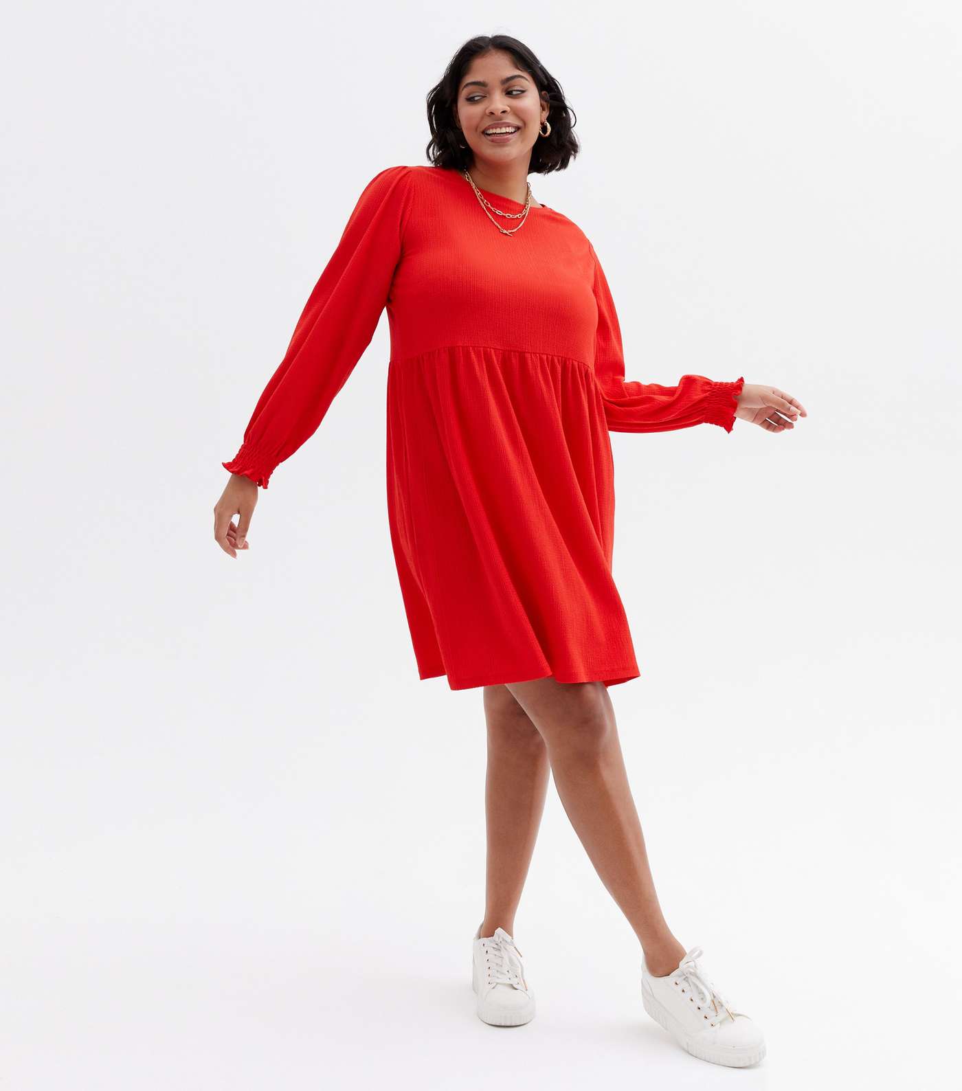 Curves Red Crinkle Jersey Long Sleeve Mini Smock Dress Image 2