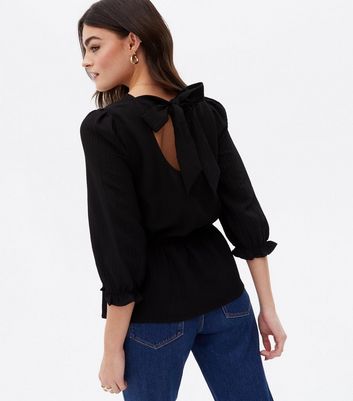 Black Textured Tie Back Peplum Blouse New Look