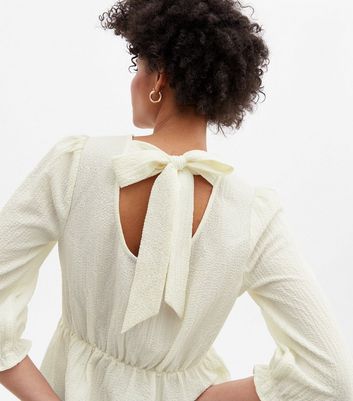 White Textured Tie Back Peplum Blouse New Look