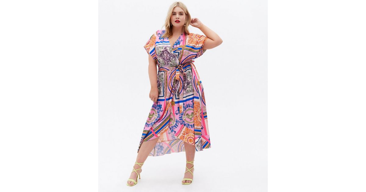 Curves Pink Chain Satin Midi Wrap Dress | New Look