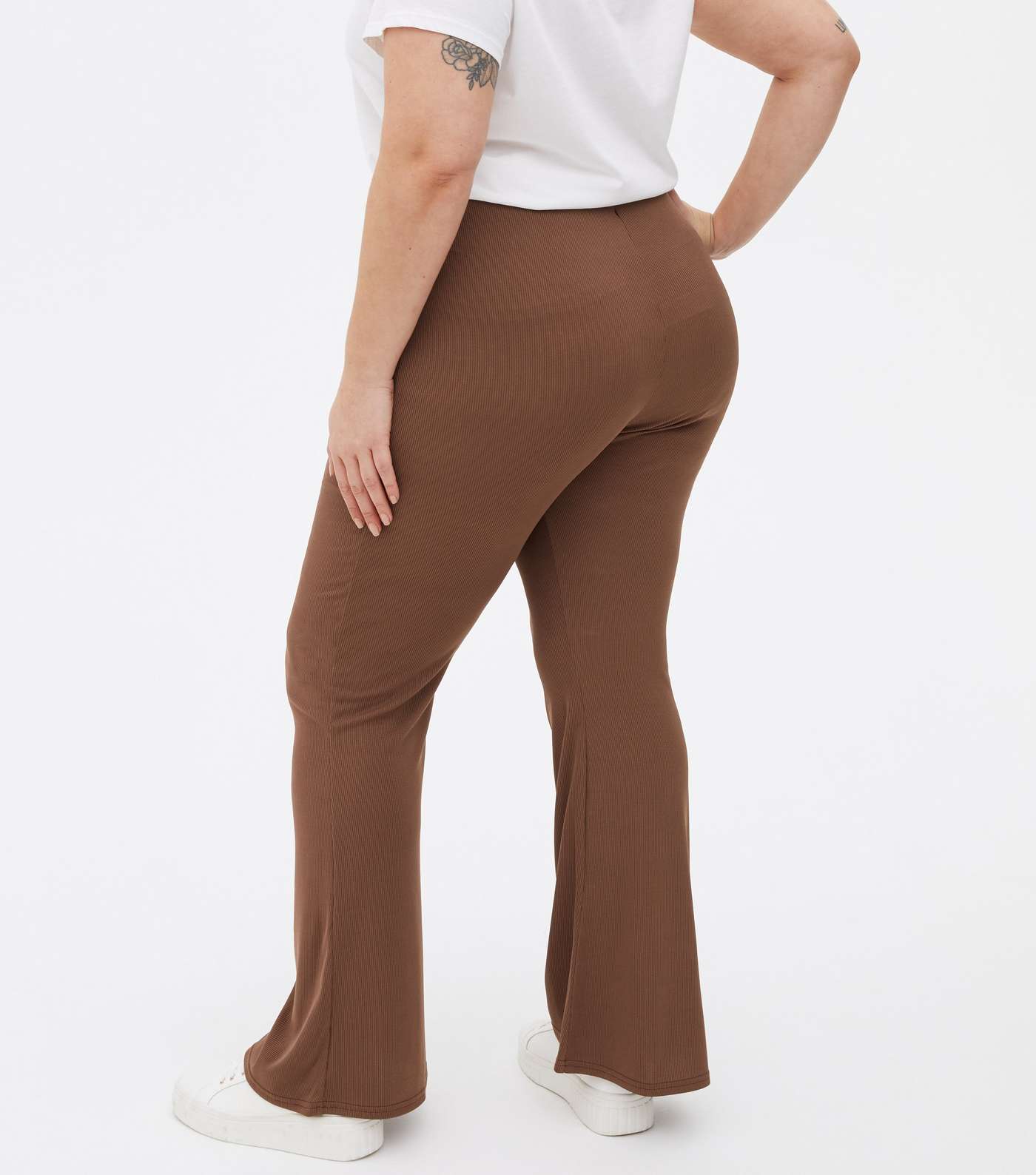 Curves Dark Brown Ribbed Jersey Wide Leg Trousers Image 4