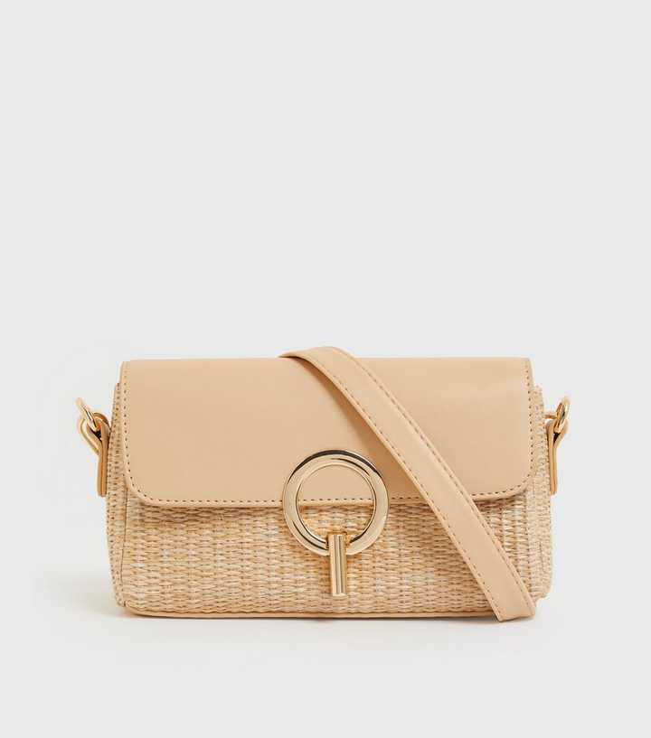 Cream Straw Effect Ring Front Cross Body Bag