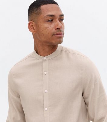 Men's Stone Linen Blend Grandad Shirt New Look