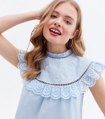 Pale Blue Broderie Frill Yoke High Neck Blouse New Look