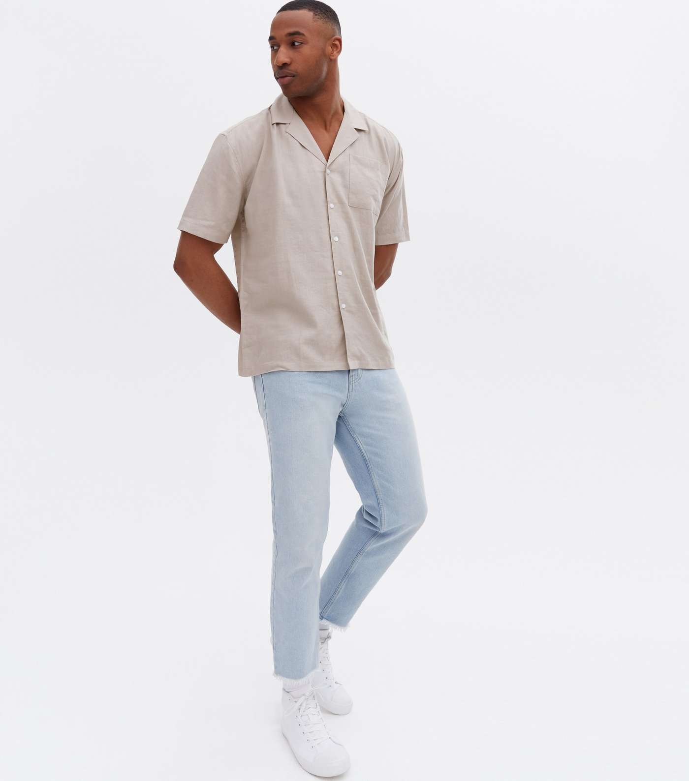 Stone Linen Blend Oversized Short Sleeve Shirt Image 2