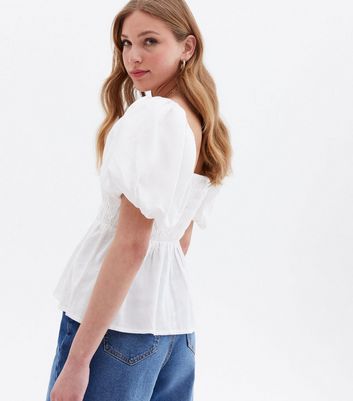 White Shirred Linen Look Frill Peplum Blouse New Look