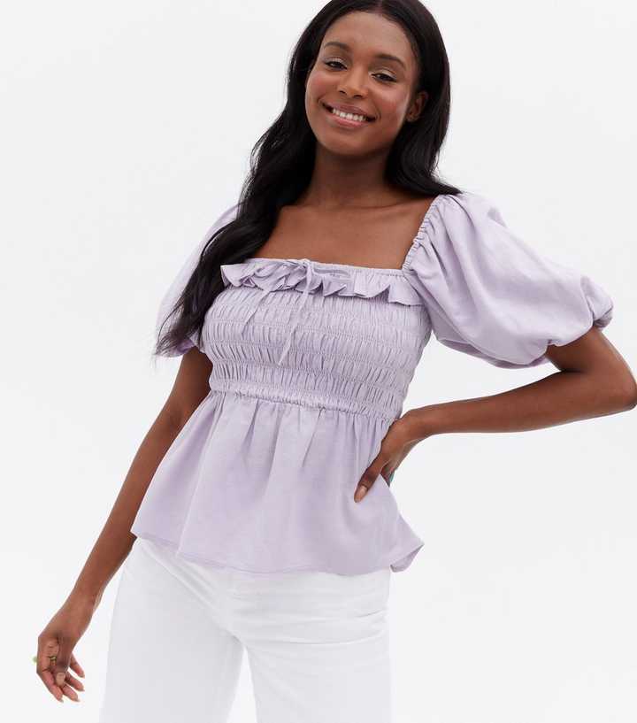 Lilac Shirred Frill Peplum Blouse