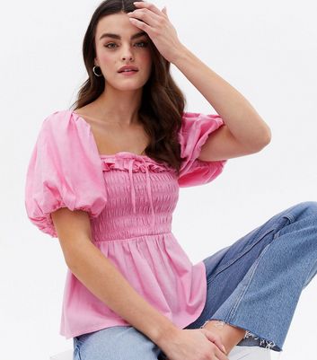 Pink Shirred Linen Look Frill Peplum Blouse New Look