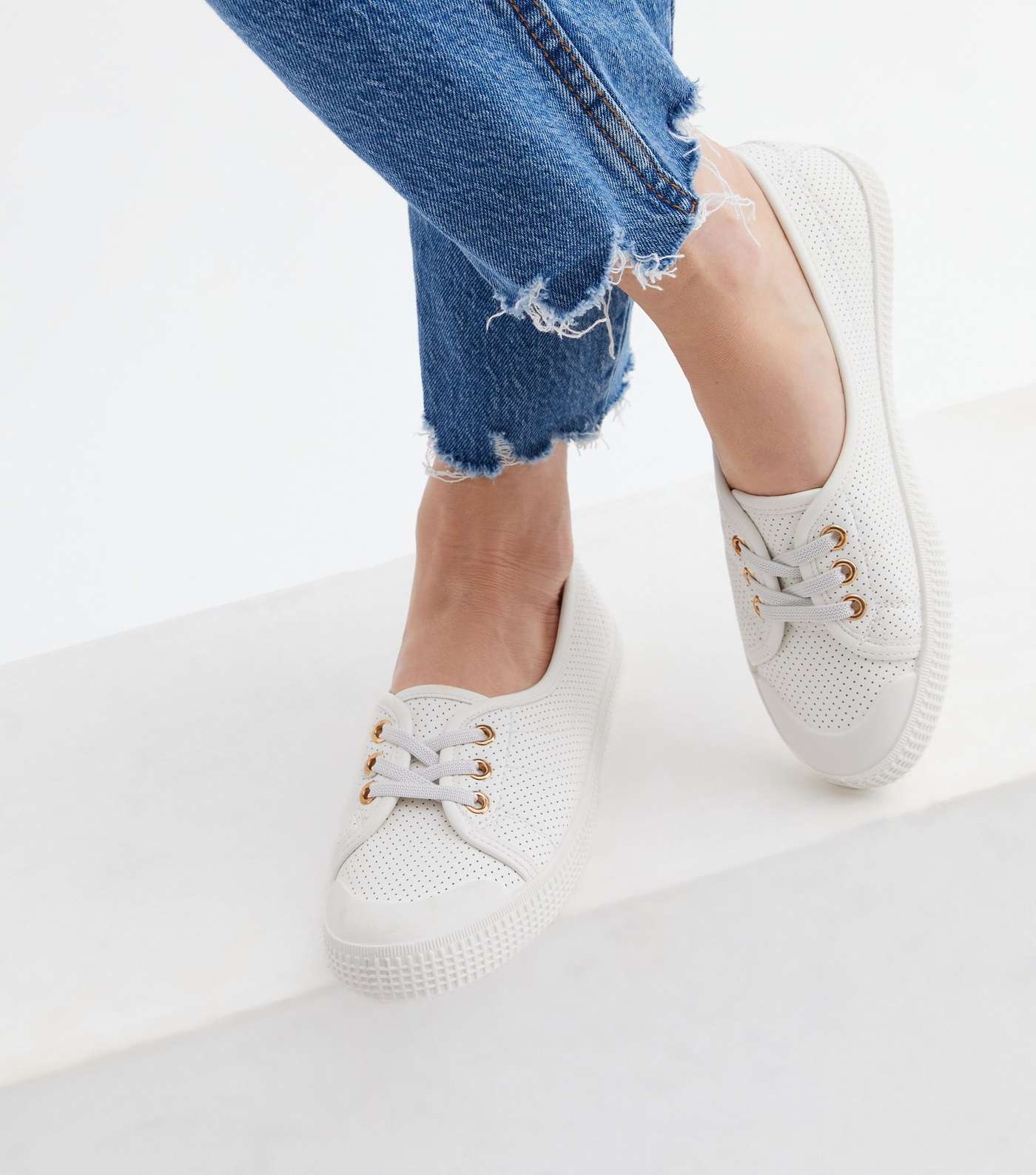 White Perforated Lace Up Trainers Image 2
