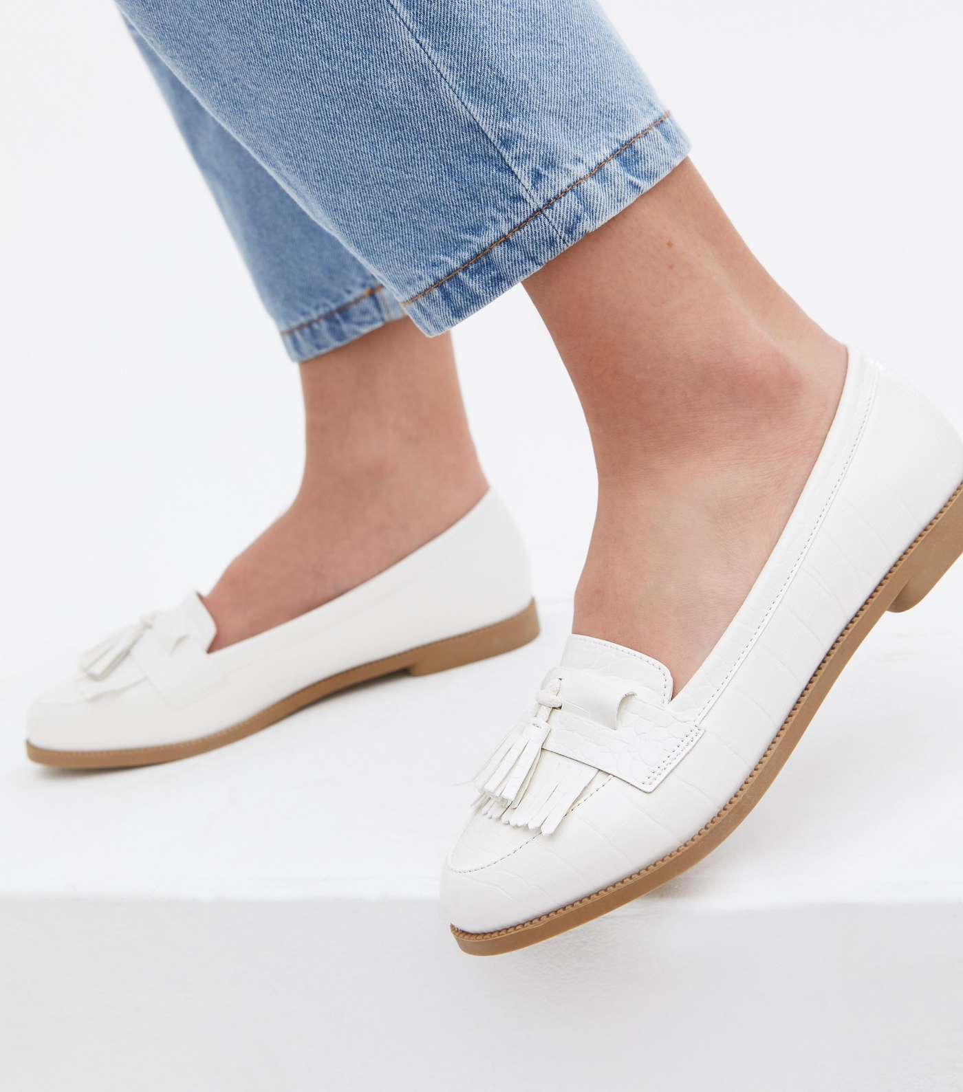 White Faux Croc Tassel Loafers Image 2