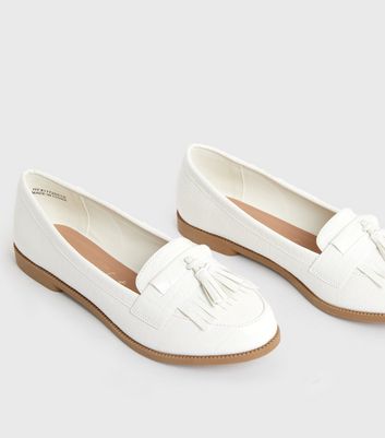 White Faux Croc Tassel Loafers | New Look