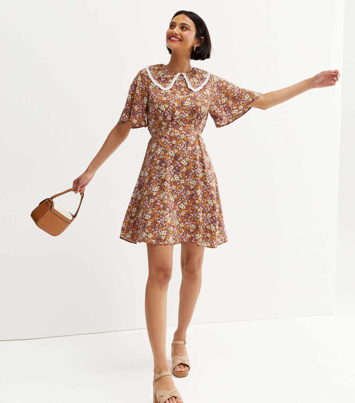 Brown Ditsy Floral Frill Collar Tie Back Mini Dress
