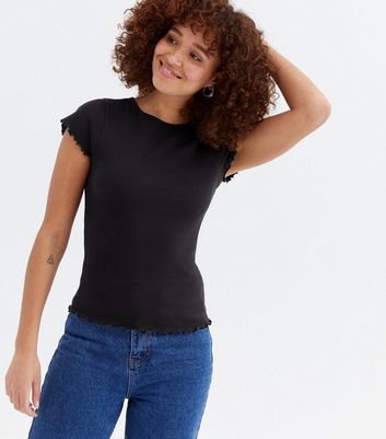 New Look Women's Black Frill Short Sleeve T-Shirt - UK 16